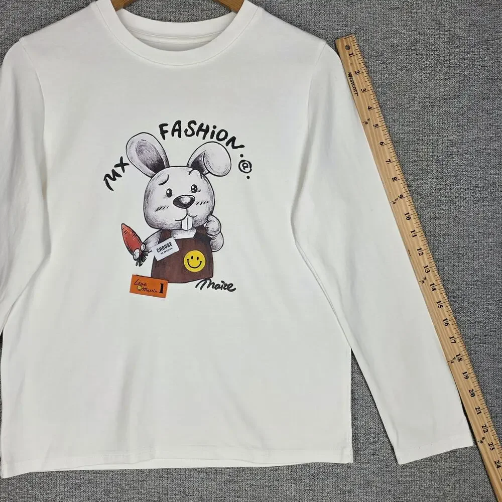 MX FASHION WOMEN’S LONG‑SLEEVE CARTOON GRAPHIC TOP – WHITE –  MEDIUM MEASURED